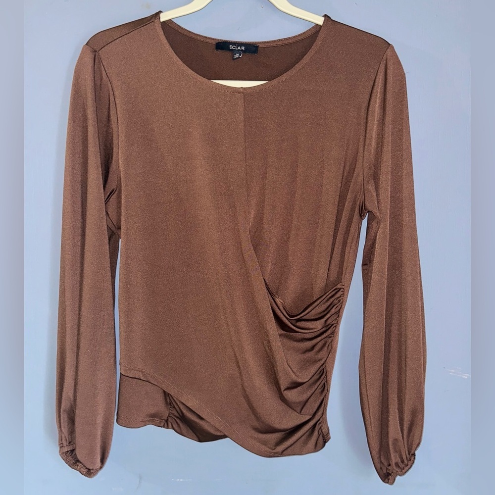 Eclair Draped Side-Ruched Brown Long Sleeve Top Women’s Medium - Picture 2 of 7